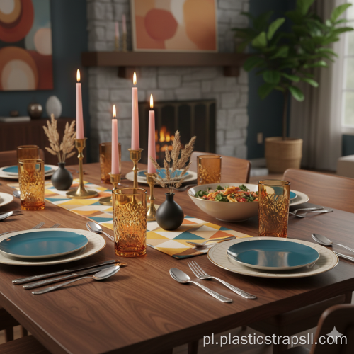 Zestaw zabytkowych wyrobów ze szkła bursztynowego i sztućców w stylu retro